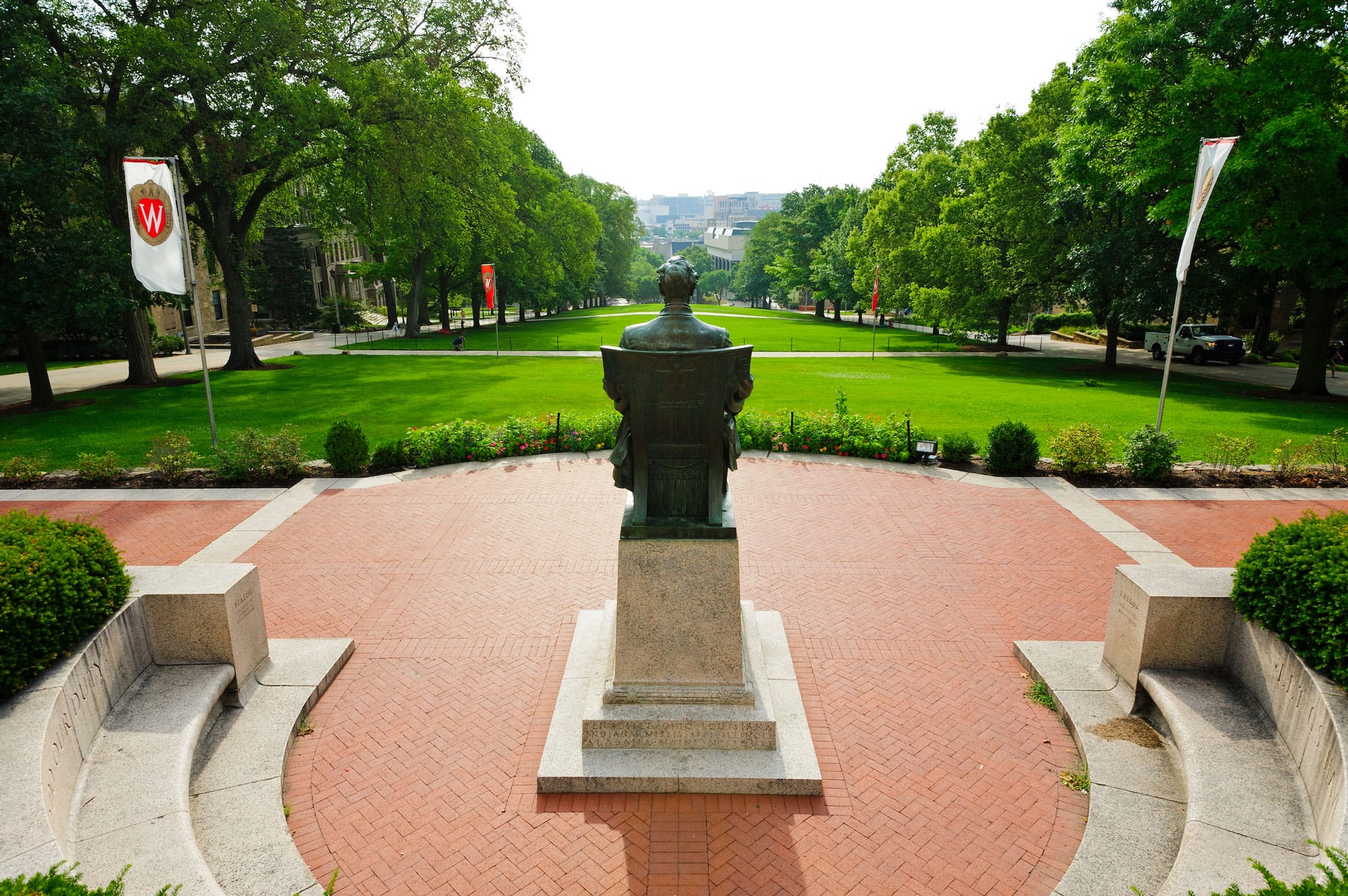 A back shot of the Lincoln statue on Bascom Hill overlooking Library Mall