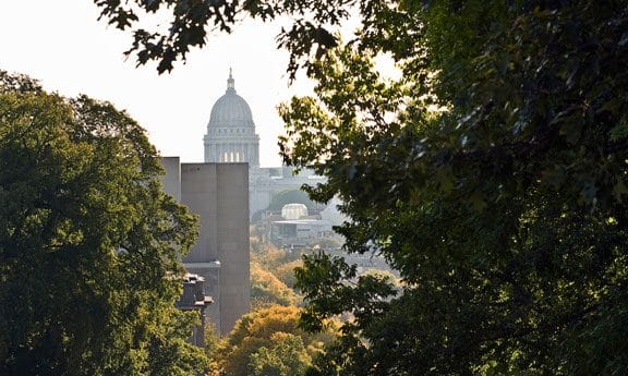 The Wisconsin state capitol peaking through trees