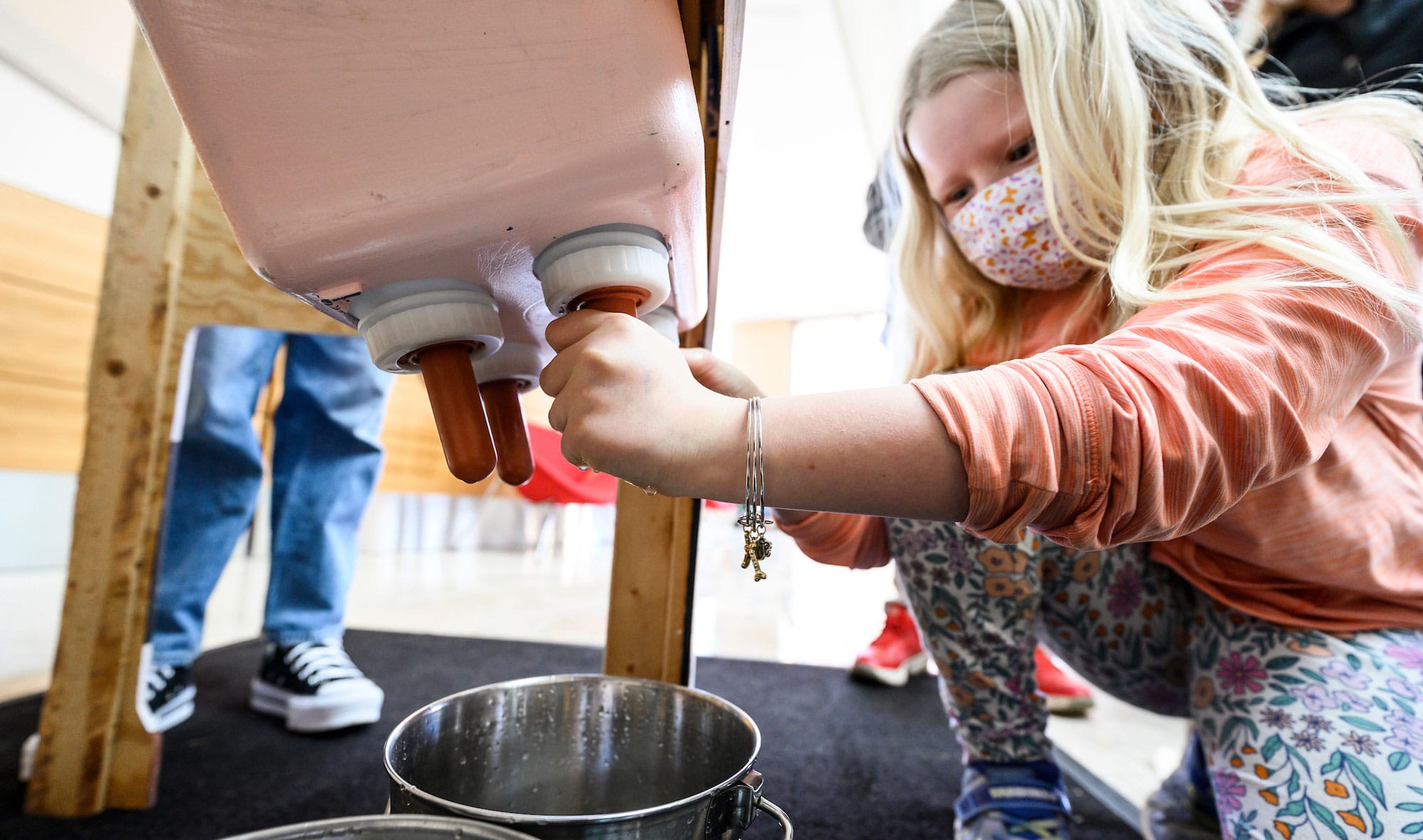 Elementary school student using a cow-milking simulator for a science class