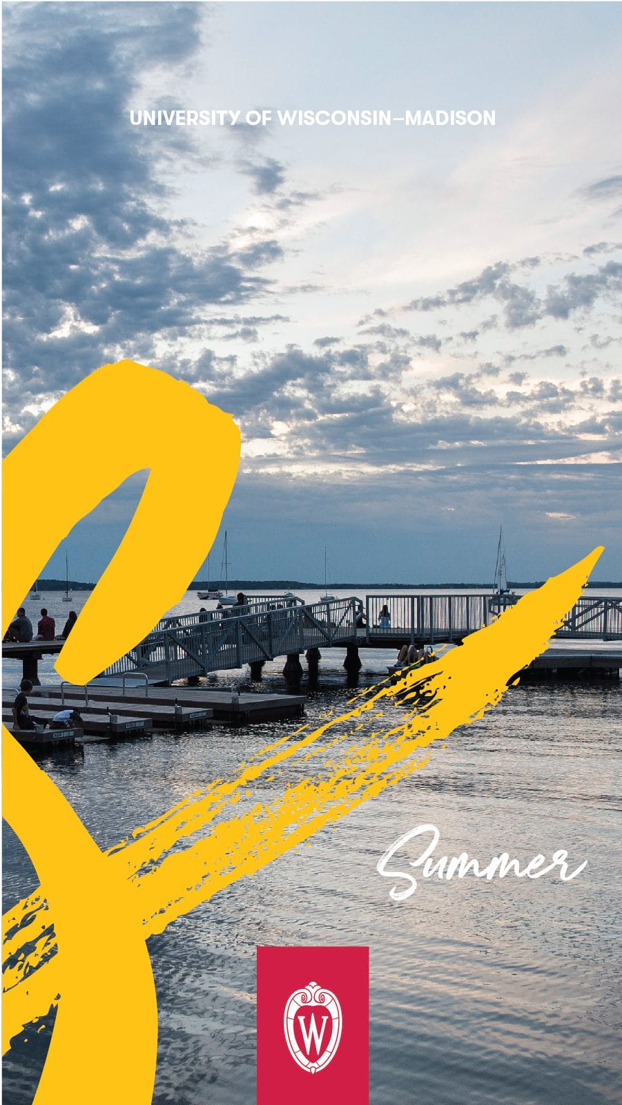 Phone background photo students sitting on a pier in Lake Mendota at sun set