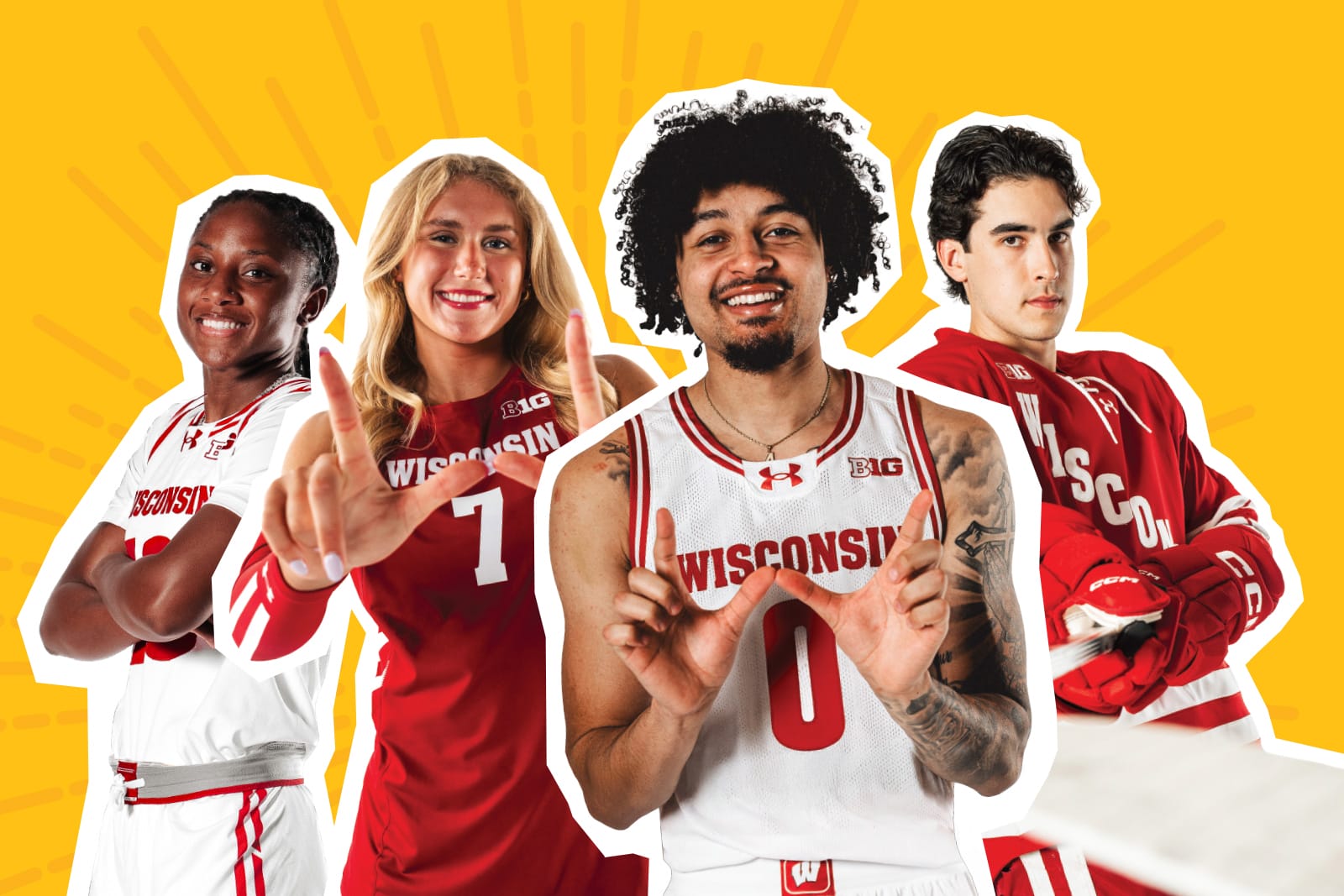 Collage featuring UW student athletes Braeden Carrington, Ronnie Porter, Logan Hensler, and Kristen Simon