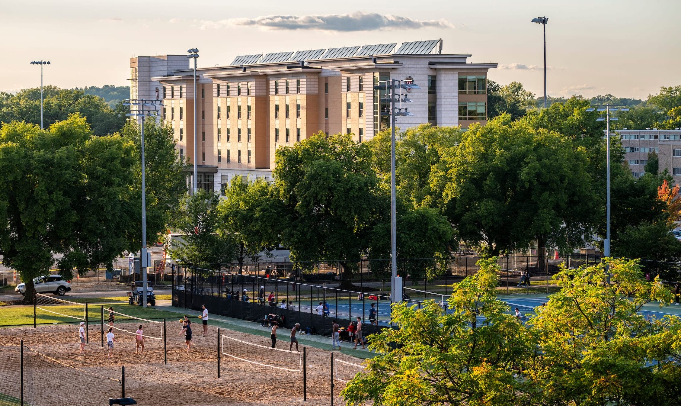 Campus photo with Dejope Residence Hall in the distance