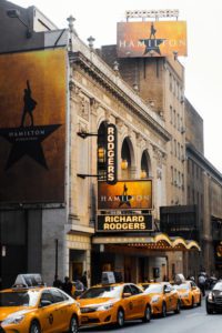 The musical Hamilton being advertised at a theater