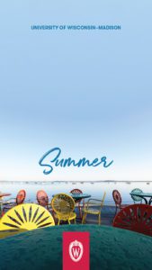 Background of iconic Memorial Union terrace chairs and the word 'Summer'