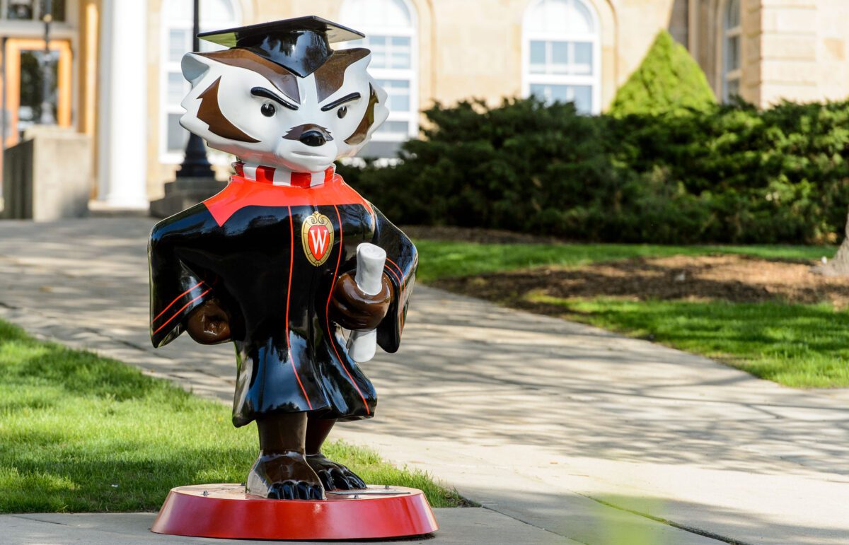 Statue of Bucky in graduation cap on a summer day