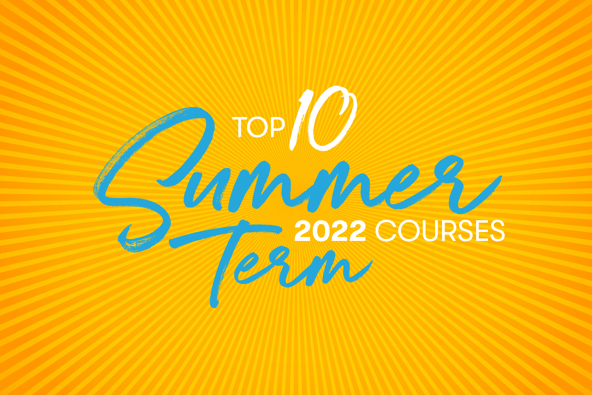 Graphic sunburst background overlaid with the words Top 10 Summer Term Courses 2022