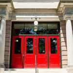The bright red doors of the Education building
