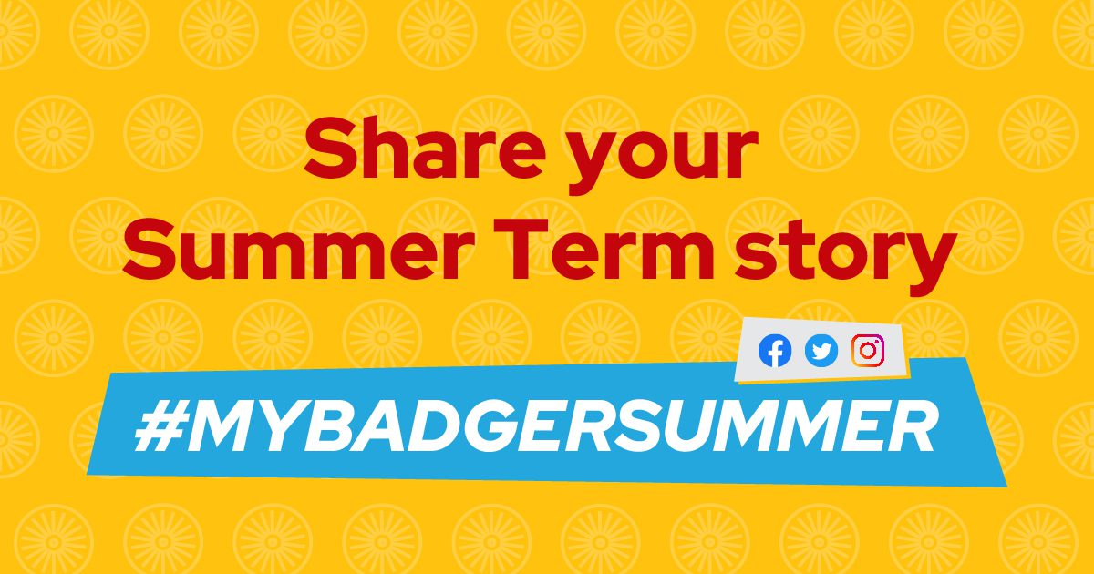 Graphic of a yellow background with a pattern of the iconic Memorial Union Terrace chairs overlaid, and the words 'Share your Summer Term story, #MYBADGERSUMMER', along with Facebook, Twitter, and Instagram icons