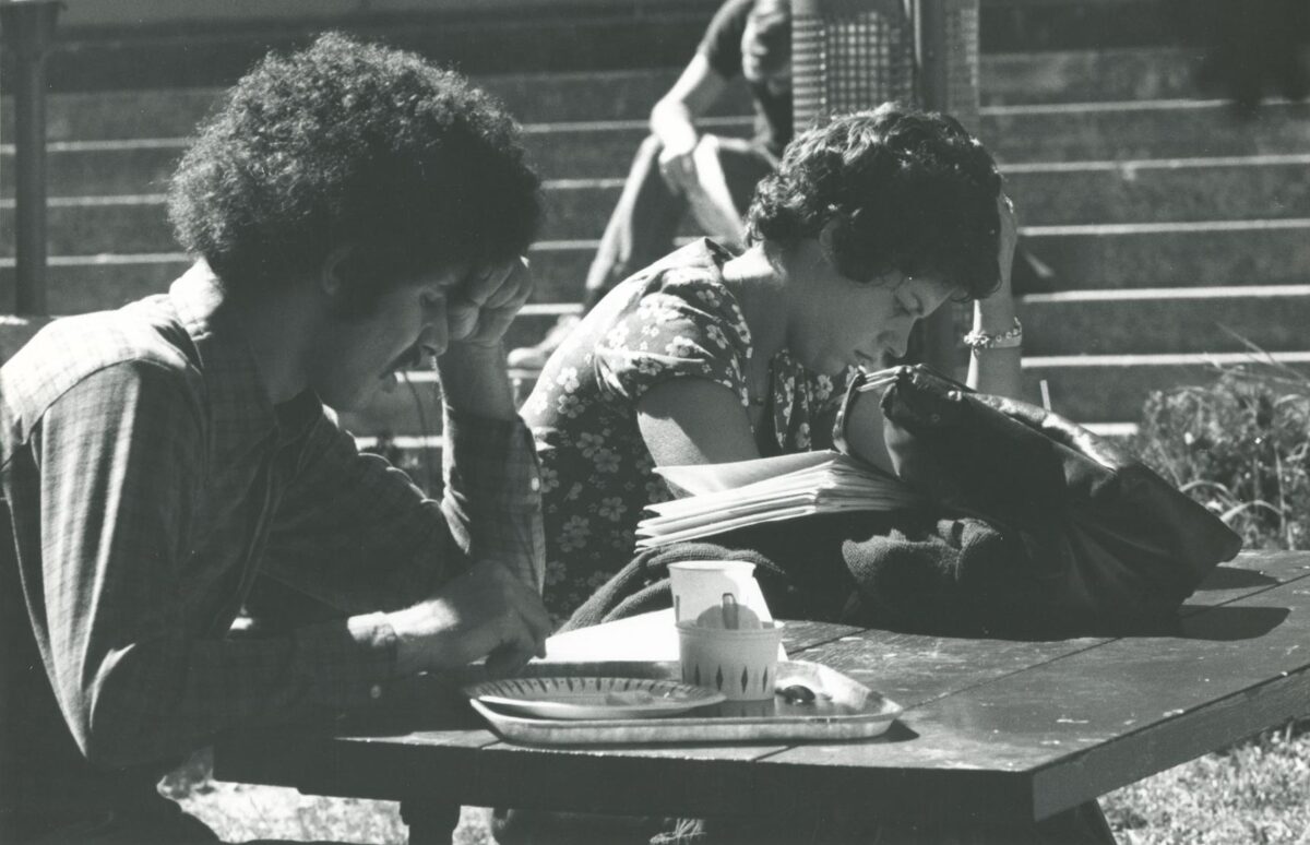 Summer Term students studying on the terrace from the 1970s