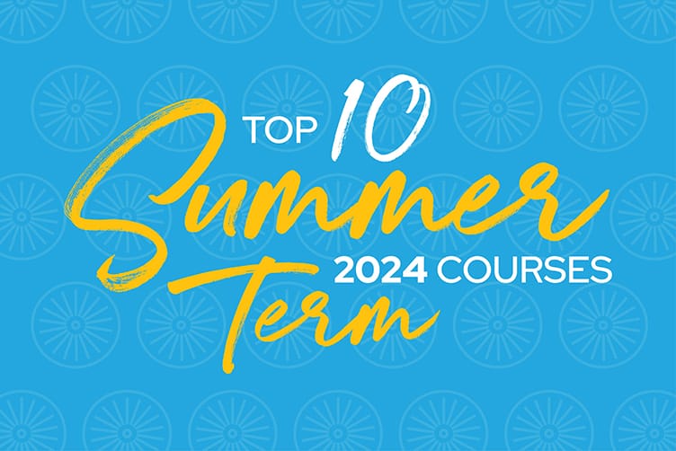 Graphic with the words Top 10 Summer Term 2024 Courses over turquoise blue background with Memorial Union Chair pattern.