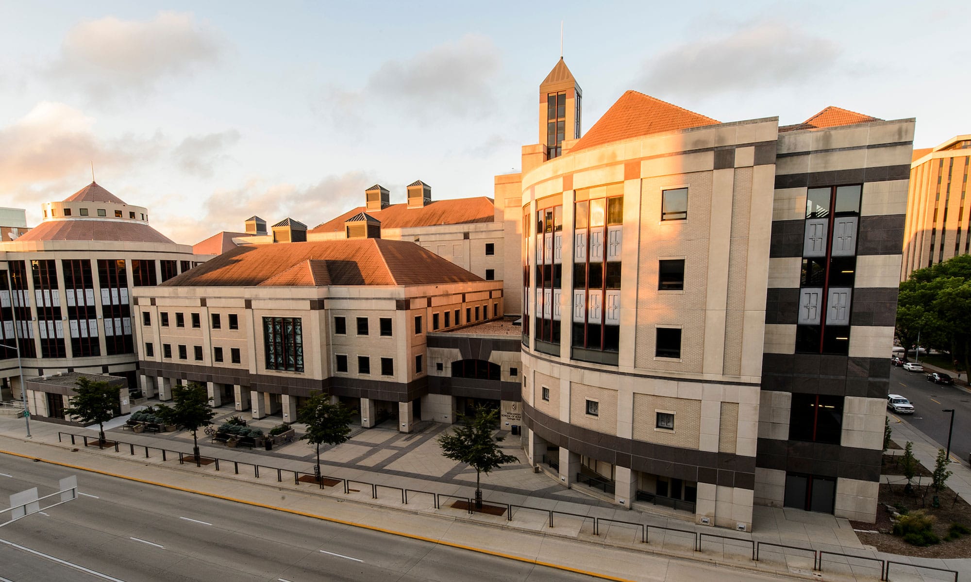 The Grainger Hall building at sunrise