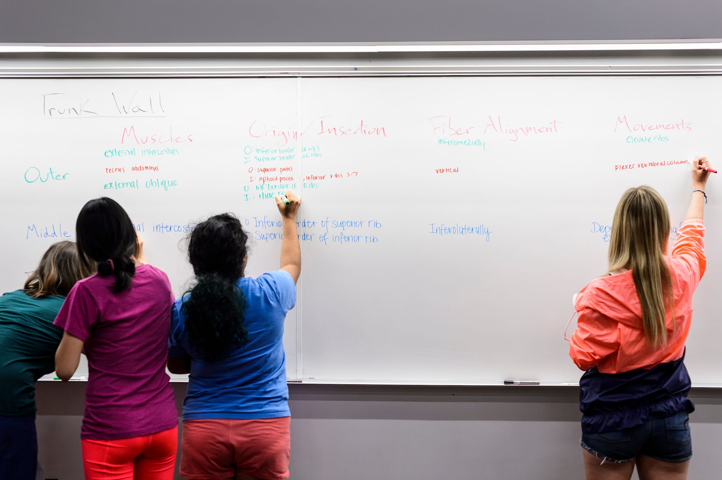 A trio of students writing on a whiteboard.