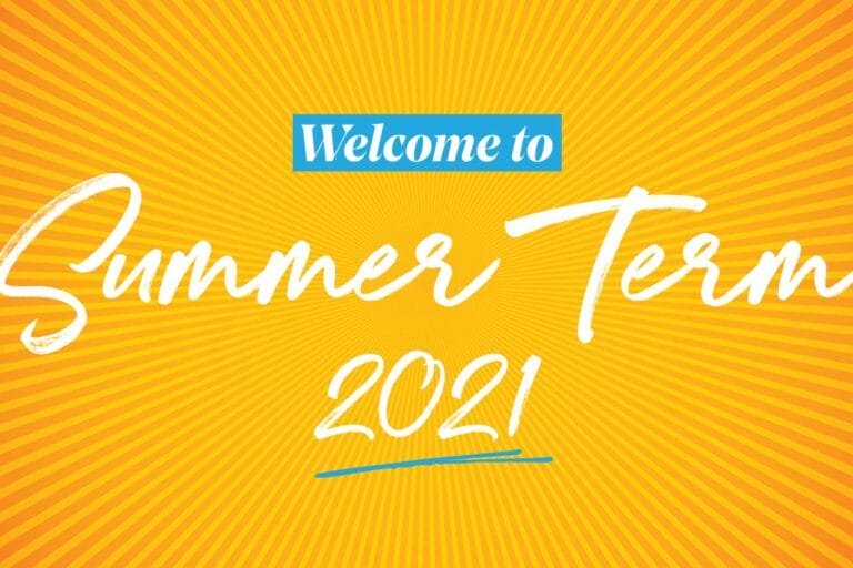 Words Welcome to Summer Term with sunburst background