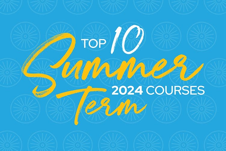 Graphic with the words Top 10 Summer Term 2024 Courses over turquoise blue background with Memorial Union Chair pattern.