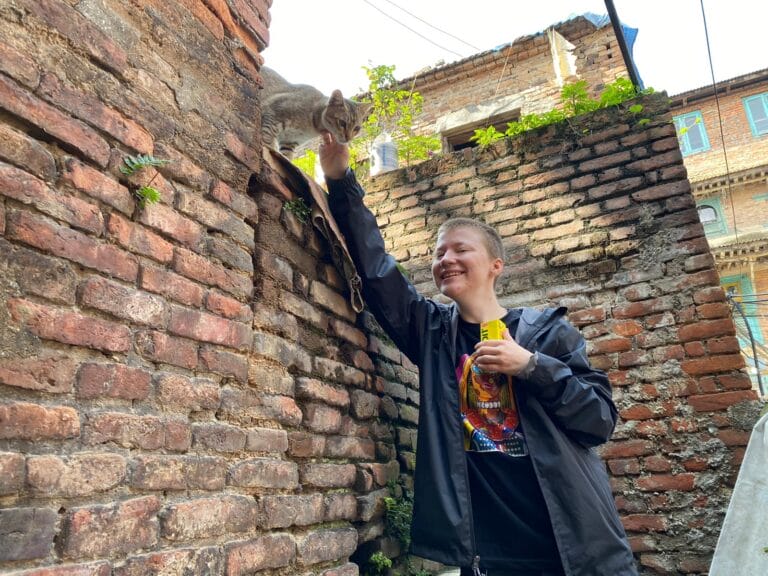 Students with short hair reaching up to pet a cat on a brick wall