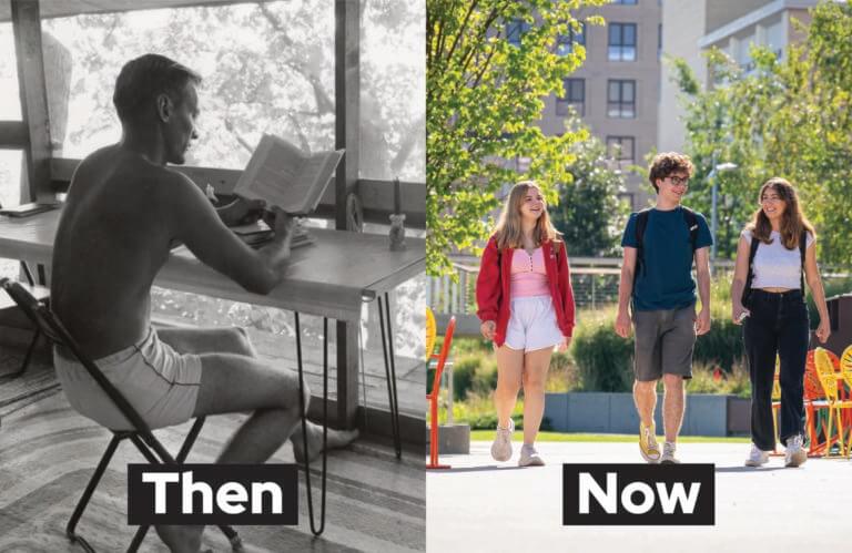 A black and white image of a man reading a book beside another image in color of a group of students walking around Madison