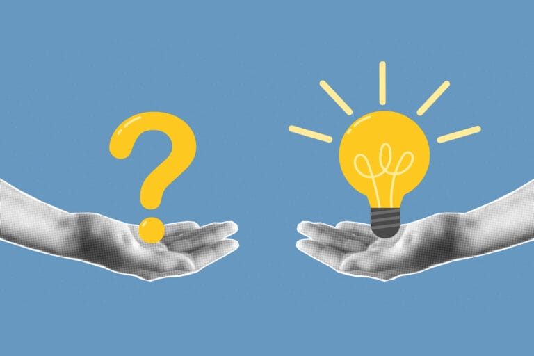Graphic of hands holding up a question mark and lightbulb