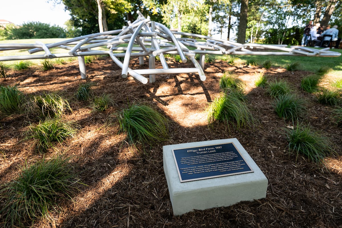 A metal sculpture made by the Indigenous artist Truman Lowe